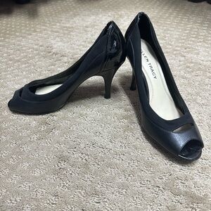 Ellen Tracy black open toe heels, size 7.5